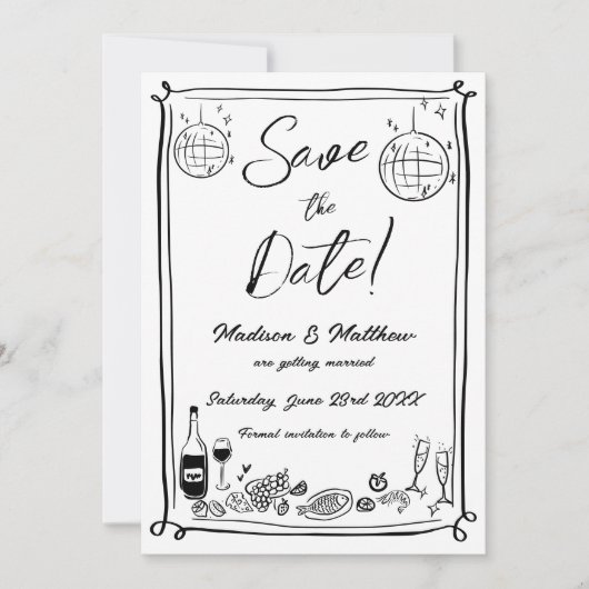 Quirky Hand Drawn Scribble Doodles Wedding Save The Date (Vorderseite)