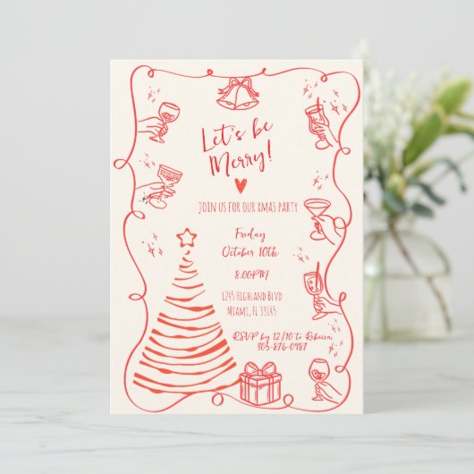 Quirky Hand Drawn Squiggle Red Christmas Party Einladung (Stehend Vorderseite)