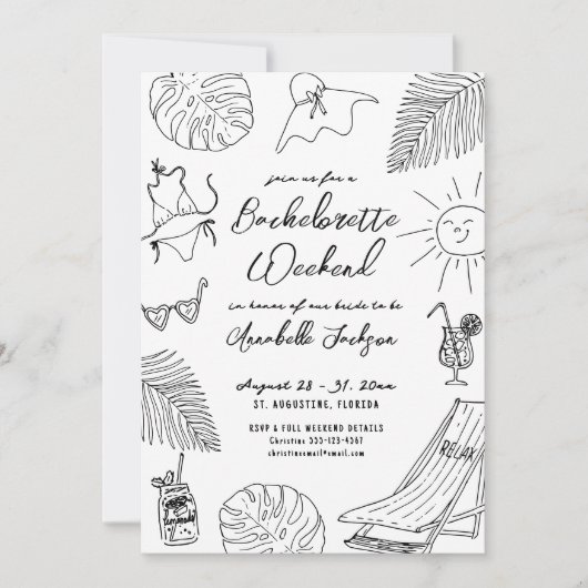 Quirky Hand Drawn Tropical Beach Bachelorette Einladung (Vorderseite)