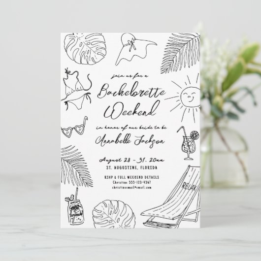 Quirky Hand Drawn Tropical Beach Bachelorette Einladung (Stehend Vorderseite)