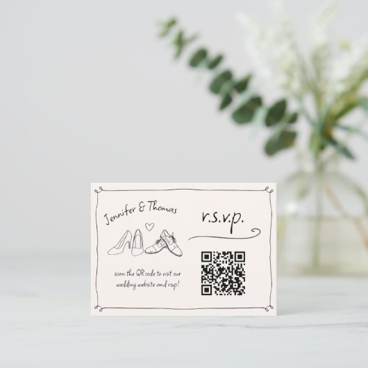 Quirky Hand Drawn Wedding Shoes QR Code UAWG Begleitkarte (Stehend Vorderseite)