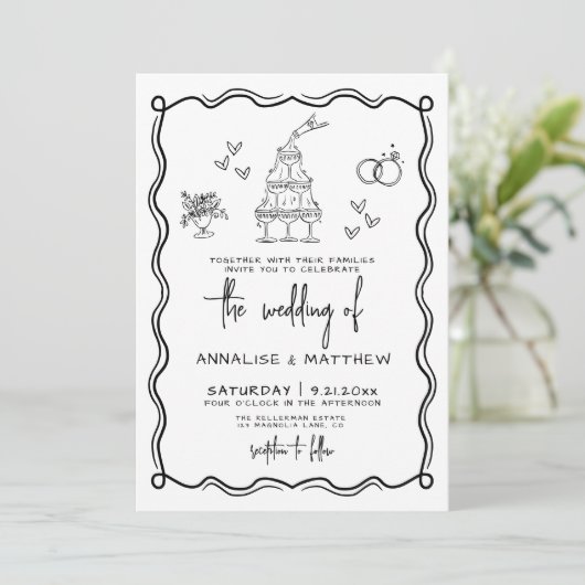 Quirky Hand Drawn Whimsical Wedding Einladung (Stehend Vorderseite)