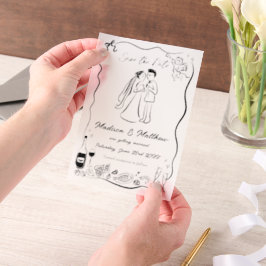 Quirky Hand gezeichnete Doodles Hochzeit retten da Pergament Einladungen