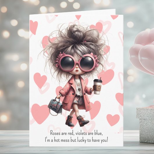 Quirky Hot Mess Girl Pink Hearts Valentine's Day Feiertagskarte