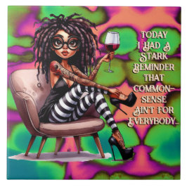 Quirky Lady Tattoo & Wine Commonsense Keramik Tile Fliese