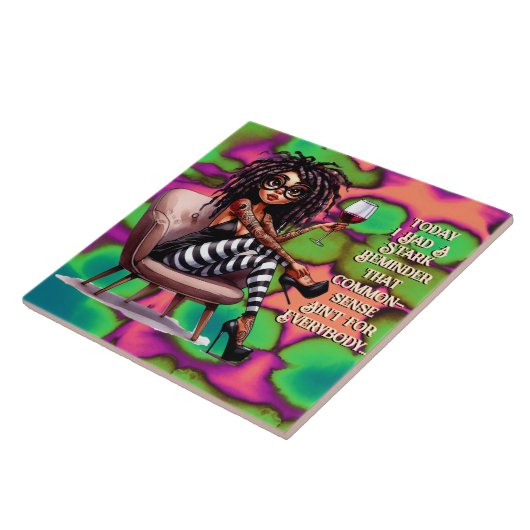 Quirky Lady Tattoo & Wine Commonsense Keramik Tile Fliese (Seite)