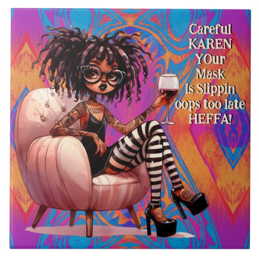 Quirky Lady Tattoo & Wine Karen Keramik Tile Fliese (Vorderseite)