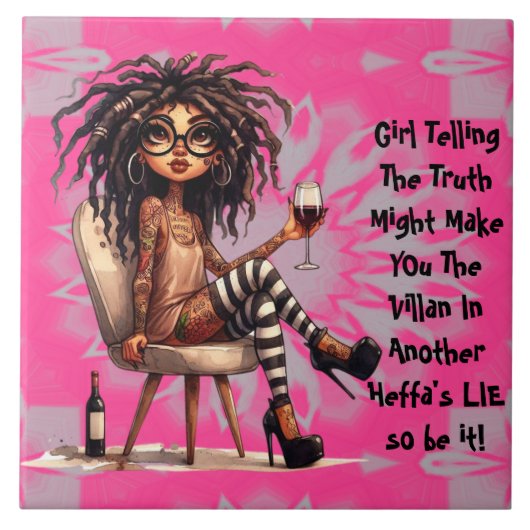 Quirky Lady Tattoo & Wine Truth Keramik Tile Fliese (Vorderseite)