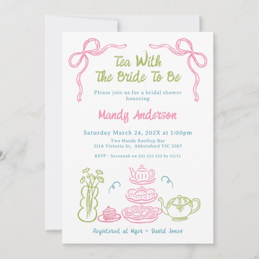 Quirky-mehrfarbiges Brautparty aus handgezogenem T Einladung (Vorderseite)