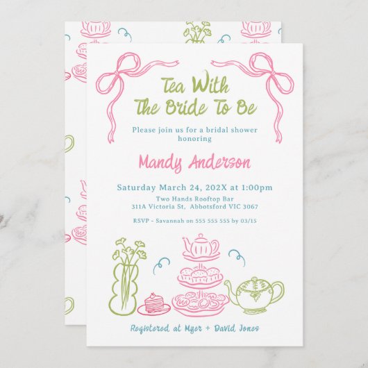 Quirky-mehrfarbiges Brautparty aus handgezogenem T Einladung (Vorne/Hinten)