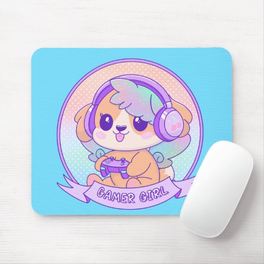 Quirky niedlich Kawaii Video Gamer Girl Dog Mousepad (Mit Mouse)