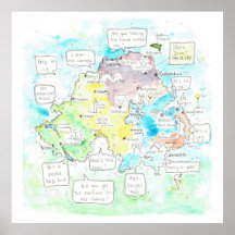 Quirky Nordirland Karte mit Redewendungen.