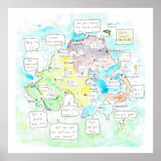 Quirky Nordirland Karte mit Redewendungen. Poster