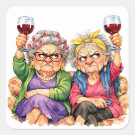 Quirky Old Ladies with Red Wine Quadratischer Aufkleber