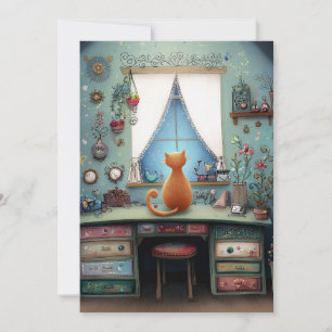Quirky Orange Cat in einem Window Hello Flat Karte