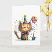 Quirky Orange Cat with Party Hat and Cake Birthday Karte (Gelbe Blume)