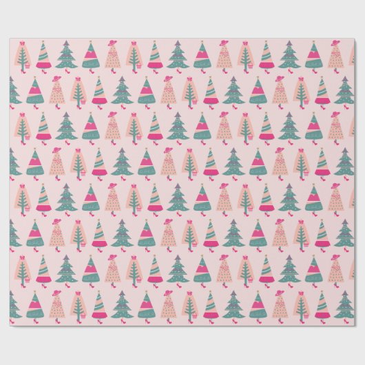 Quirky Pink Girly Christmas Trees Geschenkpapier (Flach)