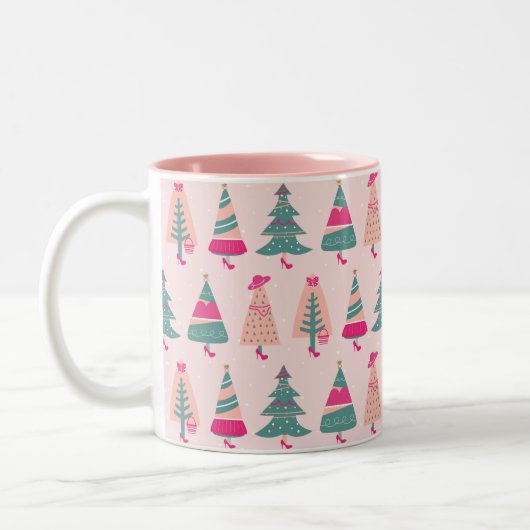 Quirky Pink Girly Feminine Weihnachtsbaumen  Zweifarbige Tasse (Links)