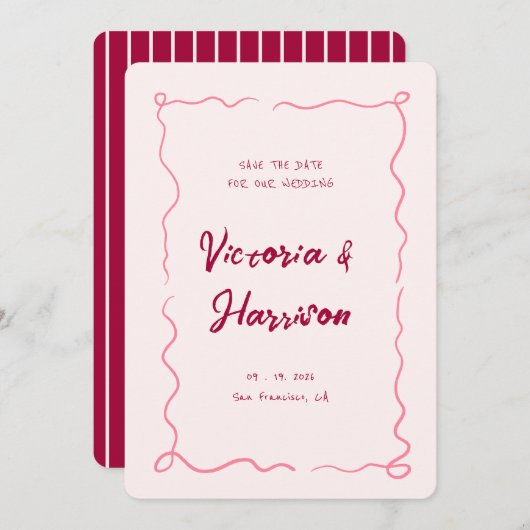 Quirky Pink Hand gezogen Wavy Squiggle Border Save The Date (Vorne/Hinten)
