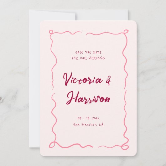 Quirky Pink Hand gezogen Wavy Squiggle Border Save The Date (Vorderseite)