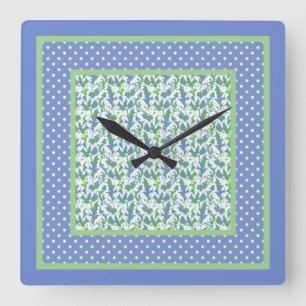 Quirky Polka Dots and Snowdrop on Blue Border Quadratische Wanduhr