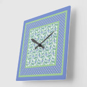 Quirky Polka Dots and Snowdrop on Blue Border Quadratische Wanduhr (Winkel)