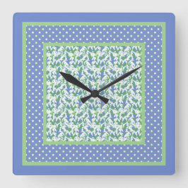 Quirky Polka Dots and Snowdrop on Blue Border Quadratische Wanduhr