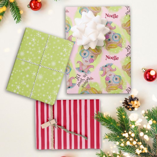 Quirky Retro Christmas Elf Rosa grüner Name Geschenkpapier Set