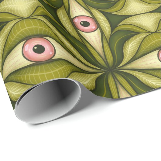 Quirky rosa Augen und grünes botanisches Muster Geschenkpapier (Rolleneckpunkt)