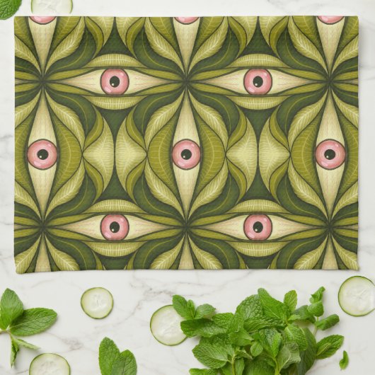 Quirky rosa Augen und grünes botanisches Muster Geschirrtuch (Gefaltet)