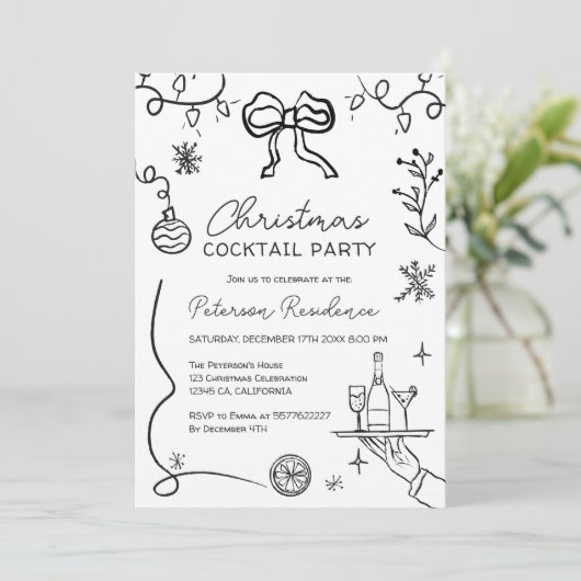 Quirky Schwarz-weiß Illustration Weihnachtscocktai Einladung (Stehend Vorderseite)