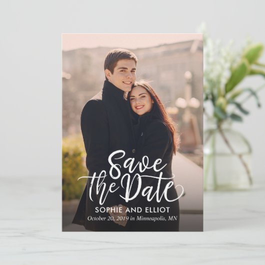 Quirky Script Wedding Save the Date Card (Stehend Vorderseite)