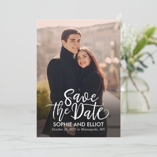 Quirky Script Wedding Save the Date Cards (Stehend Vorderseite)