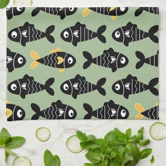 Quirky Seamless Black Fish Pattern Küchentücher (Gefaltet)