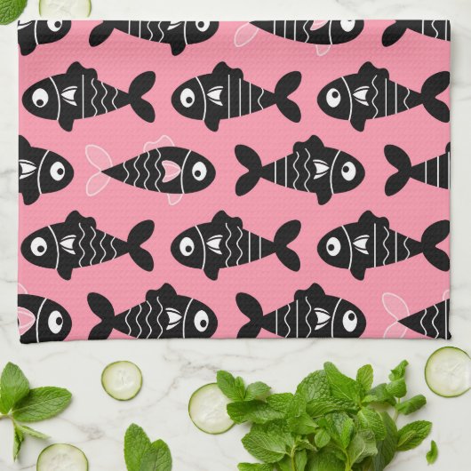 Quirky Seamless Black Fish Pattern Küchentücher (Gefaltet)