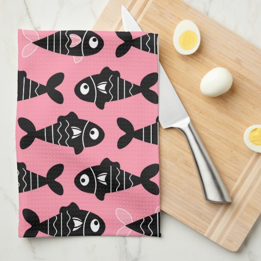 Quirky Seamless Black Fish Pattern Küchentücher (Viertel Falte)