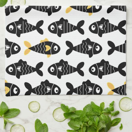 Quirky Seamless Black Fish Pattern Küchentücher (Gefaltet)