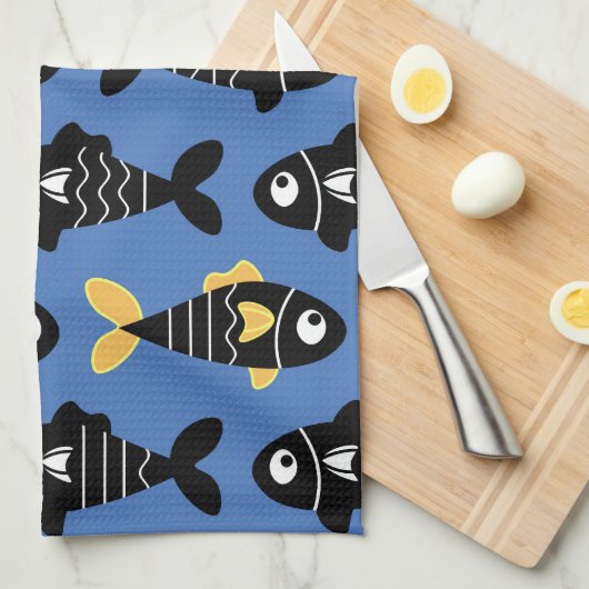 Quirky Seamless Black Fish Pattern Küchentücher (Viertel Falte)