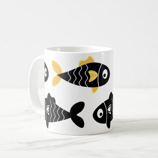 Quirky Seamless Black Fish Pattern mit Gelb Kaffeetasse (Vorderseite Links)