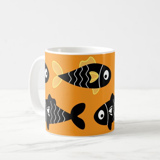 Quirky Seamless Black Fish Pattern mit Gelb Kaffeetasse (Vorderseite Links)
