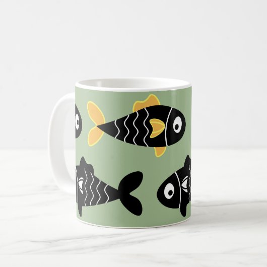 Quirky Seamless Black Fish Pattern mit Gelb Kaffeetasse (Vorderseite Links)