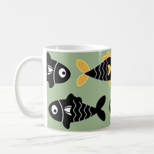 Quirky Seamless Black Fish Pattern mit Gelb Kaffeetasse (Links)