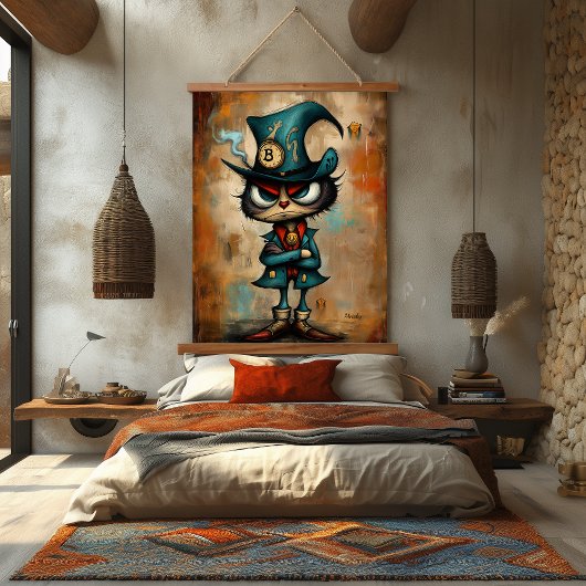 Quirky Steampunk Bitcoin Character Art Wandteppich Mit Holzrahmen