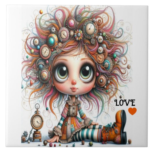 Quirky Steampunk Girl LIEBE Keramik Tile Fliese (Vorderseite)