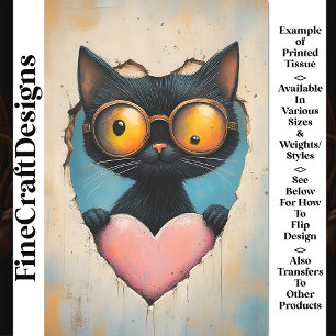 Quirky Steampunk Kitten + Pink Heart AP8 Decoupage Seidenpapier