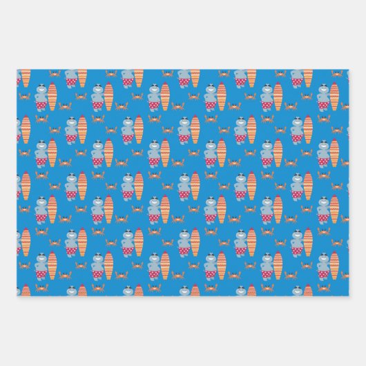 Quirky Summer Hippo Beach Surf Thema Geschenkpapier Set (Vorderseite 2)