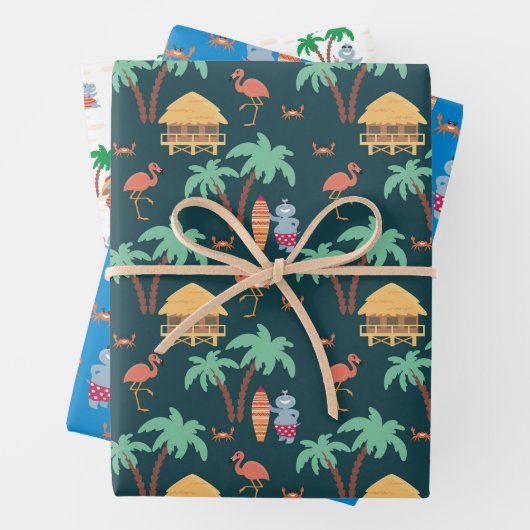 Quirky Summer Hippo Beach Surf Thema Geschenkpapier Set (Beispiel)