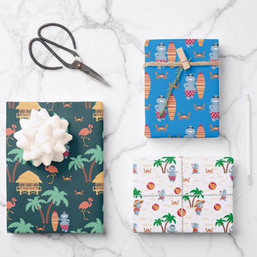 Quirky Summer Hippo Beach Surf Thema Geschenkpapier Set (Vorderseite)