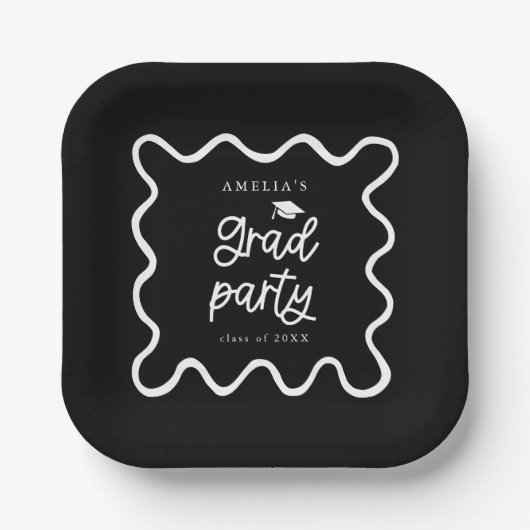 Quirky Wavy Line Black Grad Party Pappteller (Vorderseite)