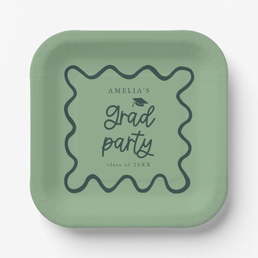 Quirky Wavy Line Green Grad Party Pappteller (Vorderseite)